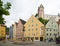 Pedestrian street in Fussen with typical bavarian buildings.