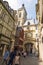 Pedestrian street of the Great Clock rue du Gros-Horloge . View of the Arch with the Big hours. Rouen, France