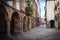 Pedestrian street and historic building facades in old town Santiago de Compostela, Spain