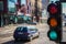 Pedestrian traffic light on the street junction in the city