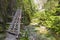 Pedestrian wooden bridge along the river in  mountain gorge