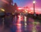 Pedestrians on a Rainy, Colorful Walkway