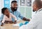 Pediatrician, child patient and doctor man talking to the father of a healthy and happy little girl during a