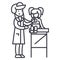 Pediatrician doctor,woman doctor doing medical examination of young girl baby with stethoscope vector line icon, sig