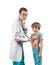 Pediatrician examines the child in the clinic, he stethoscope listens to the chest, lungs and bronchi of the patient.