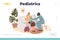 Pediatrics concept of landing page with family doctor pediatrician visit sick kid at home