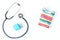 Pediatrics equipment with toys, stethoscope white background top view