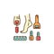 Pedicure icon. Well-groomed feet, Painted nails, Toe separator, Pedicure roll pumice stone for feet. Thin line art