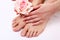 Pedicure on legs and beautiful manicure on hands