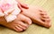 Pedicure on legs and beautiful manicure on hands closeup