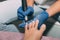 Pedicure process in salon. Foot care treatment and nail. The process of professional pedicures. Master in blue gloves makes pedicu