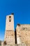 Pedraza, Castilla Y Leon, Spain: ruins of Iglesia de Santa Maria with giant bird`s nests on top.