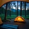 peek from inside tent reveals serene while cozy sleeping bags promise an