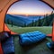 peek from inside tent reveals serene while cozy sleeping bags promise an