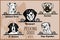 Peeking Dogs - vector set. Heads and paws - dog breeds, black and white illustration and breeds names.