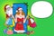 Peeking santa claus with big smart phone and Santa girl holding bags shopping online concept