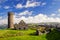 Peel Castle`s tower next to Saint Patrick`s Church constructed by vikings at Peel city in Isle of Man