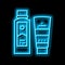 peel and face scrub gel container and peeling soap bottle neon glow icon illustration