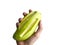 The peel light green mango holding in hand, isolated in white background. Tasty and healthy fruit has vitamins good for healthy.