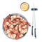 Peeled boiled shrimp, boiled with tails in a ceramic bowl with sauce and chopsticks, top view Watercolor illustration