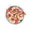 Peeled boiled shrimp, boiled with tails in a ceramic bowl, top view. Watercolor illustration. A composition from the