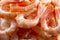 Peeled boiled shrimp headless close-up. Fresh pink prawn shrimp langoustine, food backdrop wallpaper background