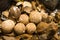 Peeled coconuts ready to sell at traditional market in Bogor Indonesia