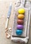 Peeled Colorful Easter eggs background, top view.