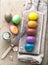 Peeled Colorful Easter eggs background, top view.