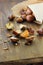 Peeled roasted chestnuts with paper cornet on table