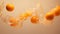 Peeled tangerines suspended in mid-air against a warm beige background, , AI generated