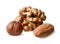 Peeled walnuts, hazelnuts and almonds. White isolated background. Close-up.