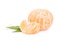 Peeled whole tangerine with mandarin leaf on white background