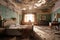 peeling wallpaper and cracked ceiling in a forsaken hotel room