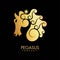 Pegasus company gold promotional emblem with mythical horse profile