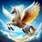 Pegasus flying in the blue sky with white clouds - 3d illustration Generative AI