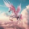 Pegasus with pink wings flies among the clouds. AI generated image