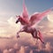 Pegasus with pink wings flies among the clouds. AI generated image