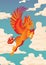 Pegasus vector illustration. Banner with flying, orange, flamed Pegasus on clouds background. Magical animal illustration.