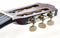 Pegs on the fingerboard of guitar. Deteriorated and dusty acoustic guitar head and tuning keys. Macro, closeup, selective focus on