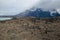 Pehoe lake, Cordillera Paine and burned area in the Torres del Paine National Park by the great fire in 2011-2012.