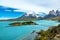 Pehoe lake and Guernos mountains landscape, national park Torres del Paine, Patagonia, Chile, South America