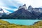 Pehoe lake and Guernos mountains landscape, national park Torres del Paine, Patagonia, Chile, South America