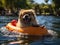 Pekingese dog sailing rubber boat in kiddie pool