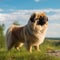 Pekingese dog standing on the green meadow in a summer green field. Portrait of a Pekingese dog standing on the grass with a