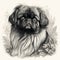 Pekingese, engaving style, close-up portrait, black and white drawing,