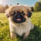 Pekingese puppy portrait on a sunny summer day. Closeup portrait of a cute purebred Pekingese pup in a field. Outdoor portrait of