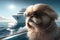 Pekingese is resting on a yacht in sunglasses. Photorealistic image created by artificial intelligence