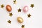 Pelamutra shiny, multi-colored Easter eggs, gold confetti on a white background. Golden egg. Happy Easter. Place for text. Flat la