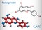 Pelargonidin molecule. It is anthocyanidin cation, plant pigment, orange color. Structural chemical formula and molecule model